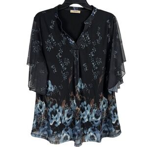 Timeson Women's Black Floral Mesh Flutter Sleeve Top - Size XL